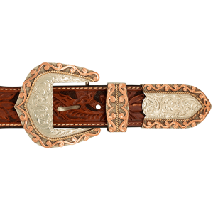 A custom western three piece belt buckle set featuring an engraved silver base with copper edge accents 